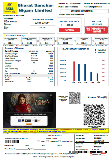 India Bharat Sanchar Nigam Limited utility bill template in Word and PDF formats, version 3